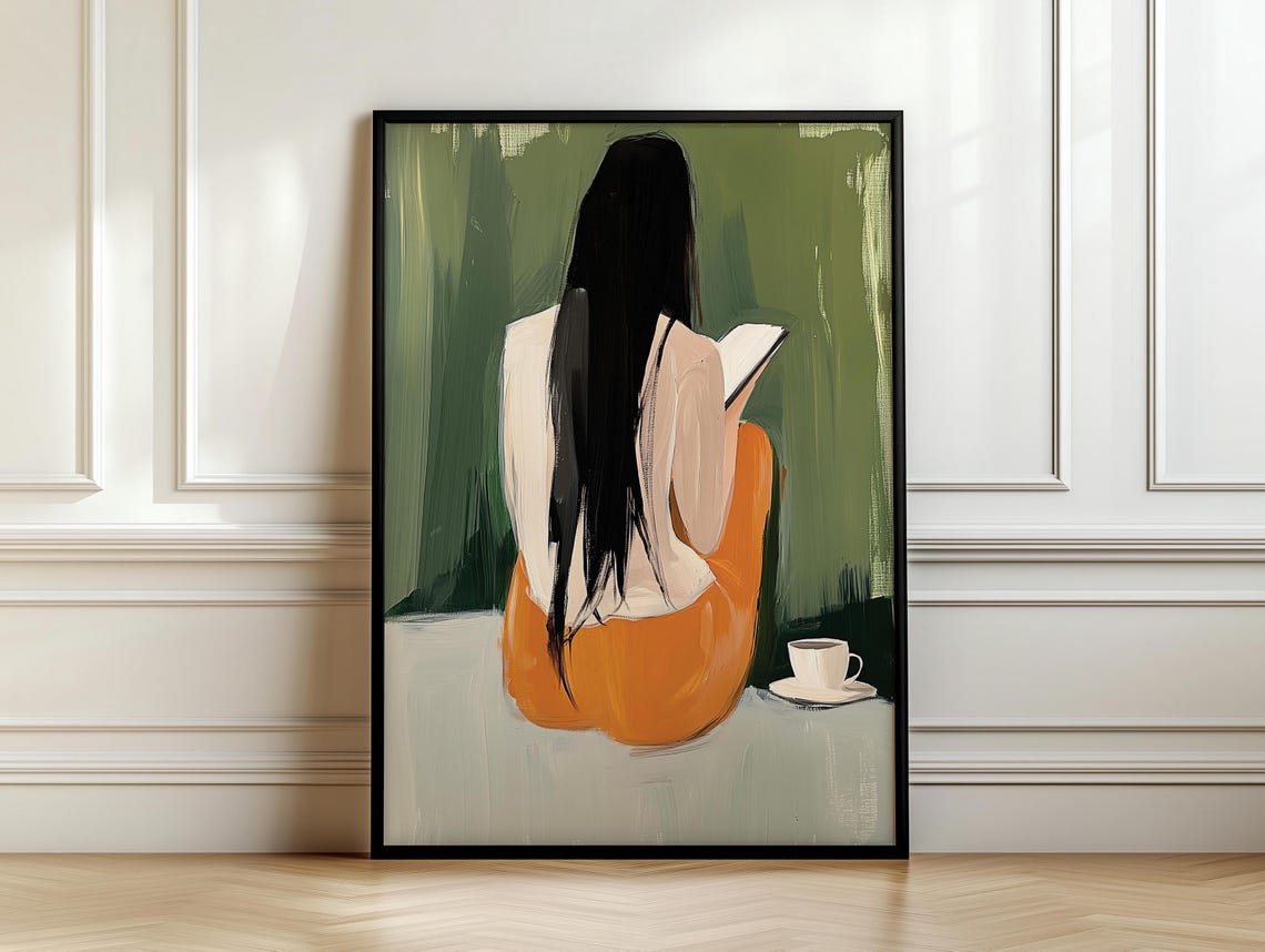 Woman Reading From Behind in Orange Pants Coffee Minimalist Poster - Image 7
