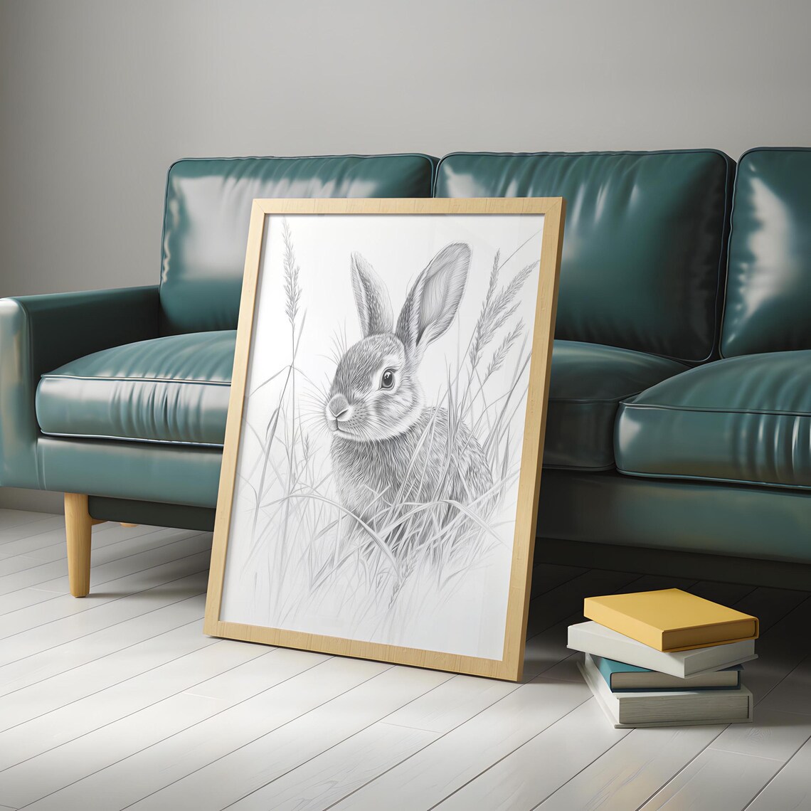 Pencil Sketch Bunny Front View In Wild Grasses Fine Line Graphite Drawing Art Poster - Image 4