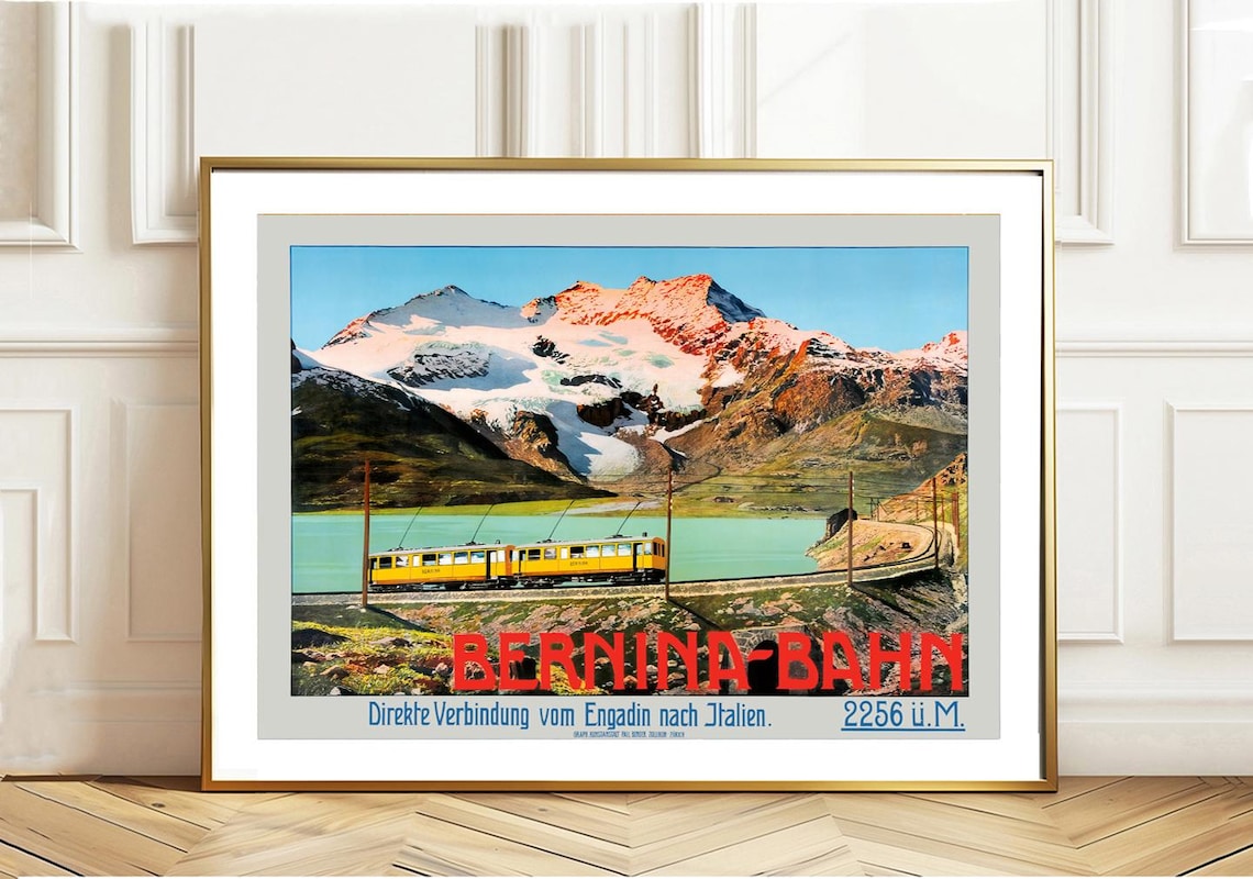 Bernina Bahn Engadin Italy Alpine Railway Vintage Travel Poster