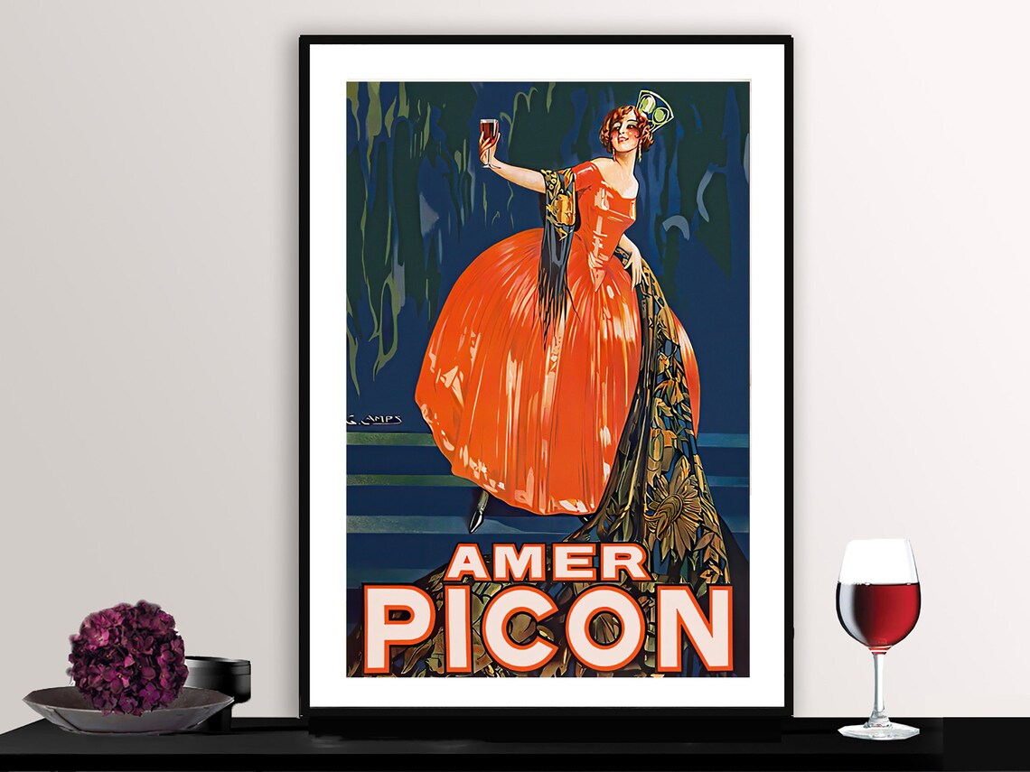 Amer Picon Lady Red Gown Classic Vintage French Advertising Poster