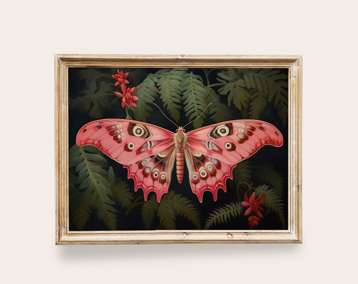 Pink Butterfly Moth Vintage Botanical Art Print