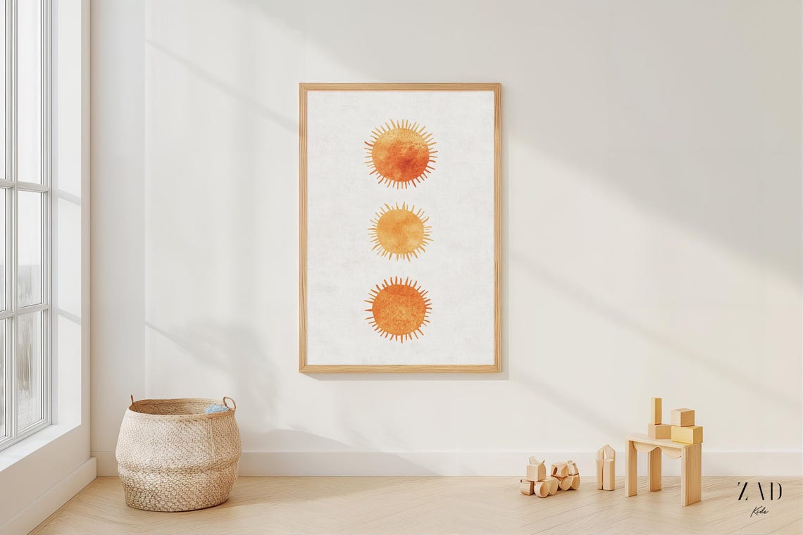 Boho Watercolor Suns Trio Warm Orange Minimalist Nursery Poster