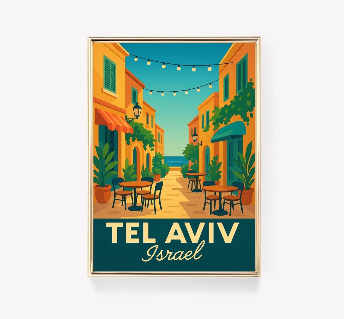 Tel Aviv Israel Seaside Cafe Alley Vintage Style Travel Poster