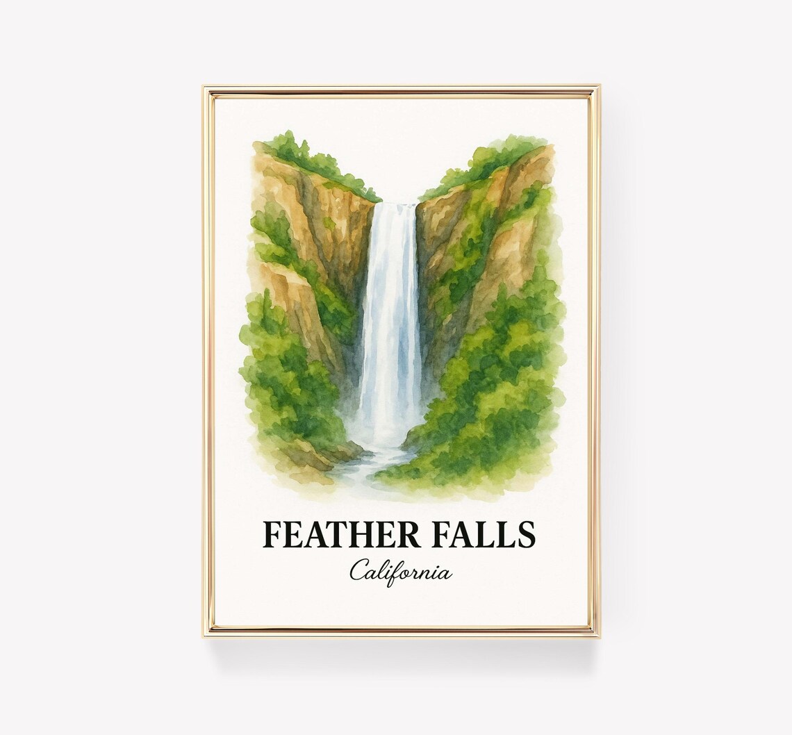 Feather Falls California Watercolor Waterfall Nature Art Poster