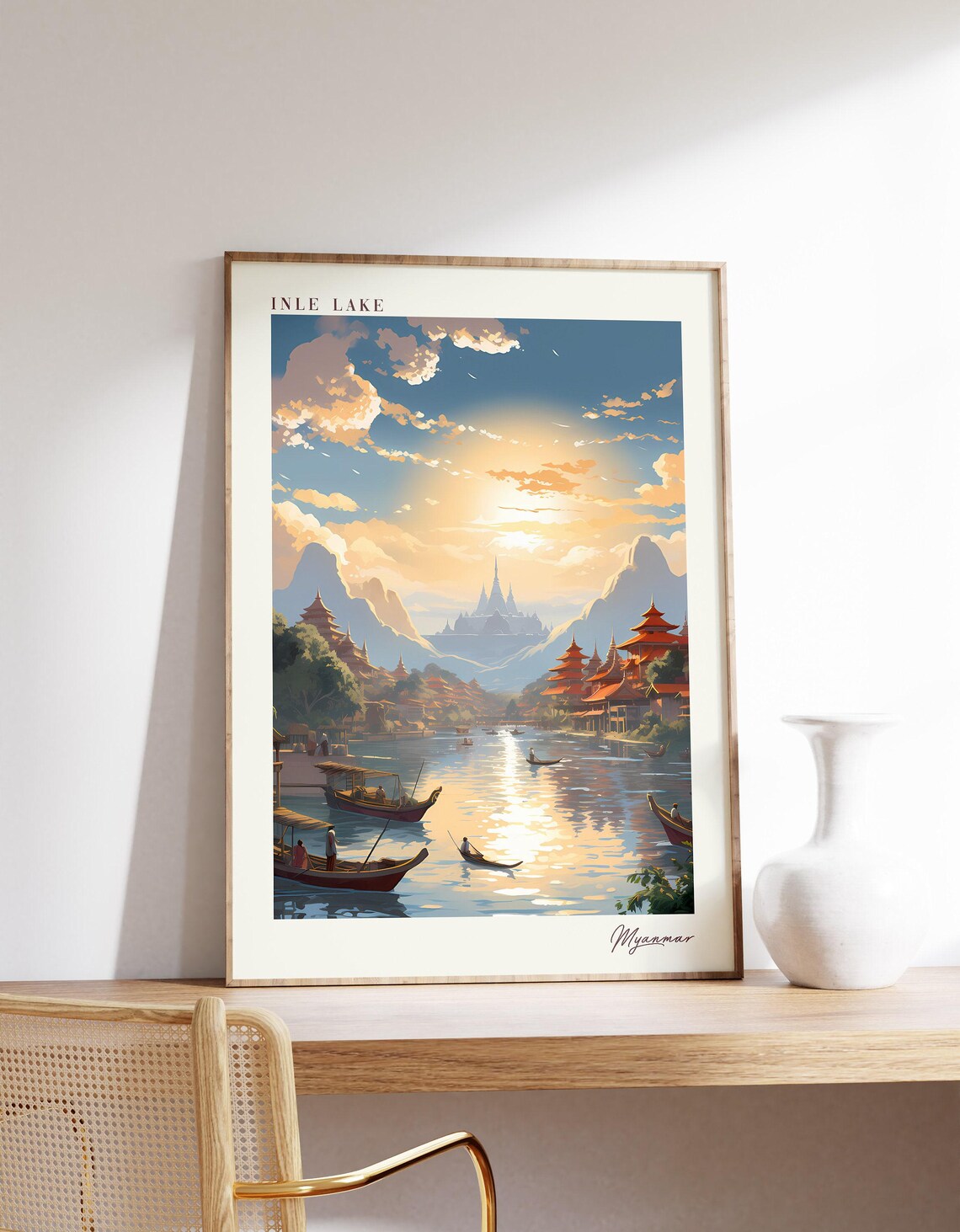 Inle Lake Myanmar Sunset Boats Temples Golden Sky Vintage Travel Poster