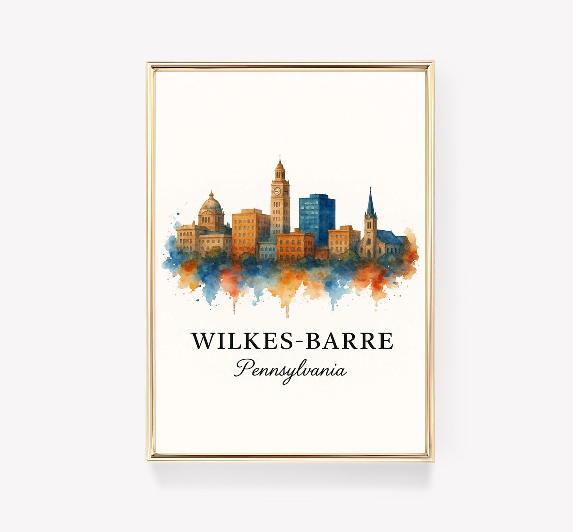 Wilkes Barre Pennsylvania Watercolor Skyline Cityscape Souvenir Art Poster
