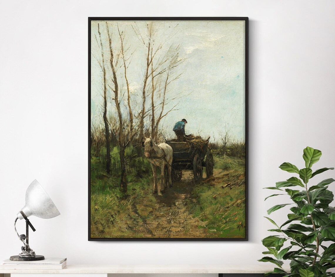 Horse Cart Gathering Wood Autumn Forest Vintage Rural Poster