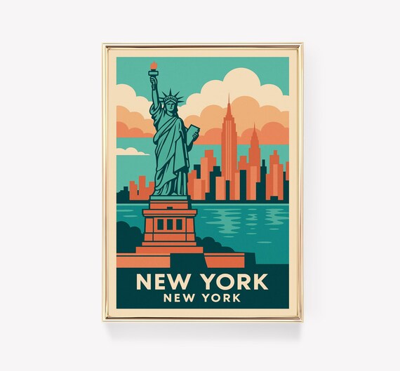New York City Statue of Liberty Skyline Retro Vintage Poster