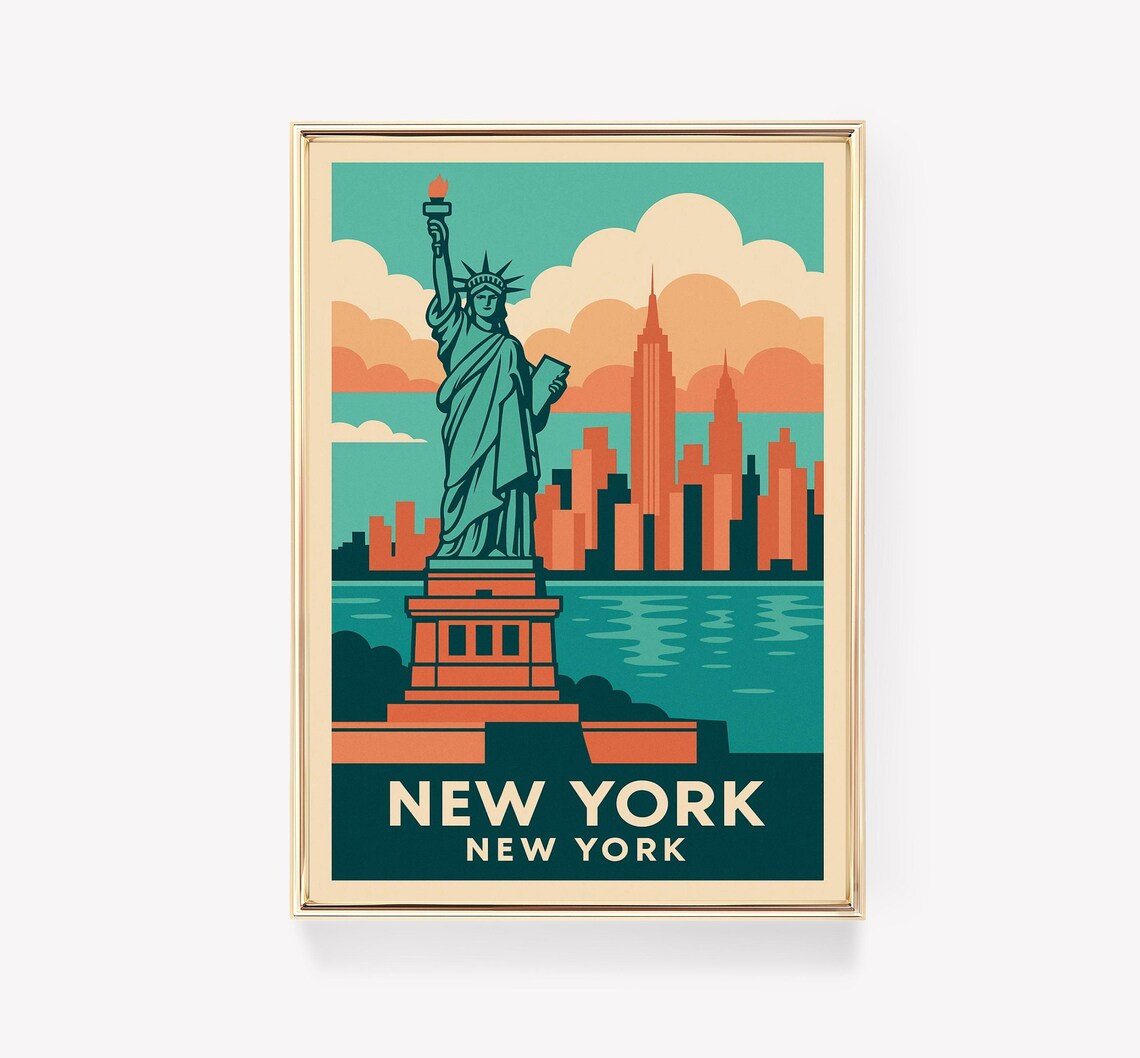 New York City Statue of Liberty Skyline Retro Vintage Poster