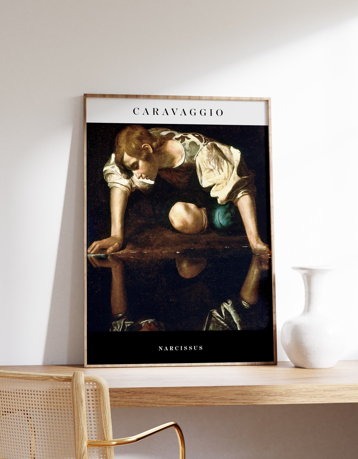 Caravaggio Narcissus Classic Serif Monochrome Bands Museum Poster