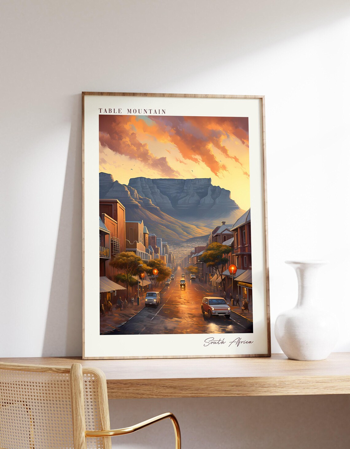 Table Mountain South Africa Travel Poster City Street Sunset View