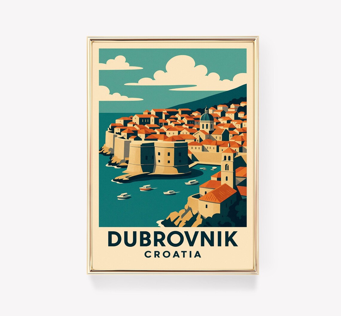 Dubrovnik Croatia Vintage Travel Poster Old Town Harbor Scene