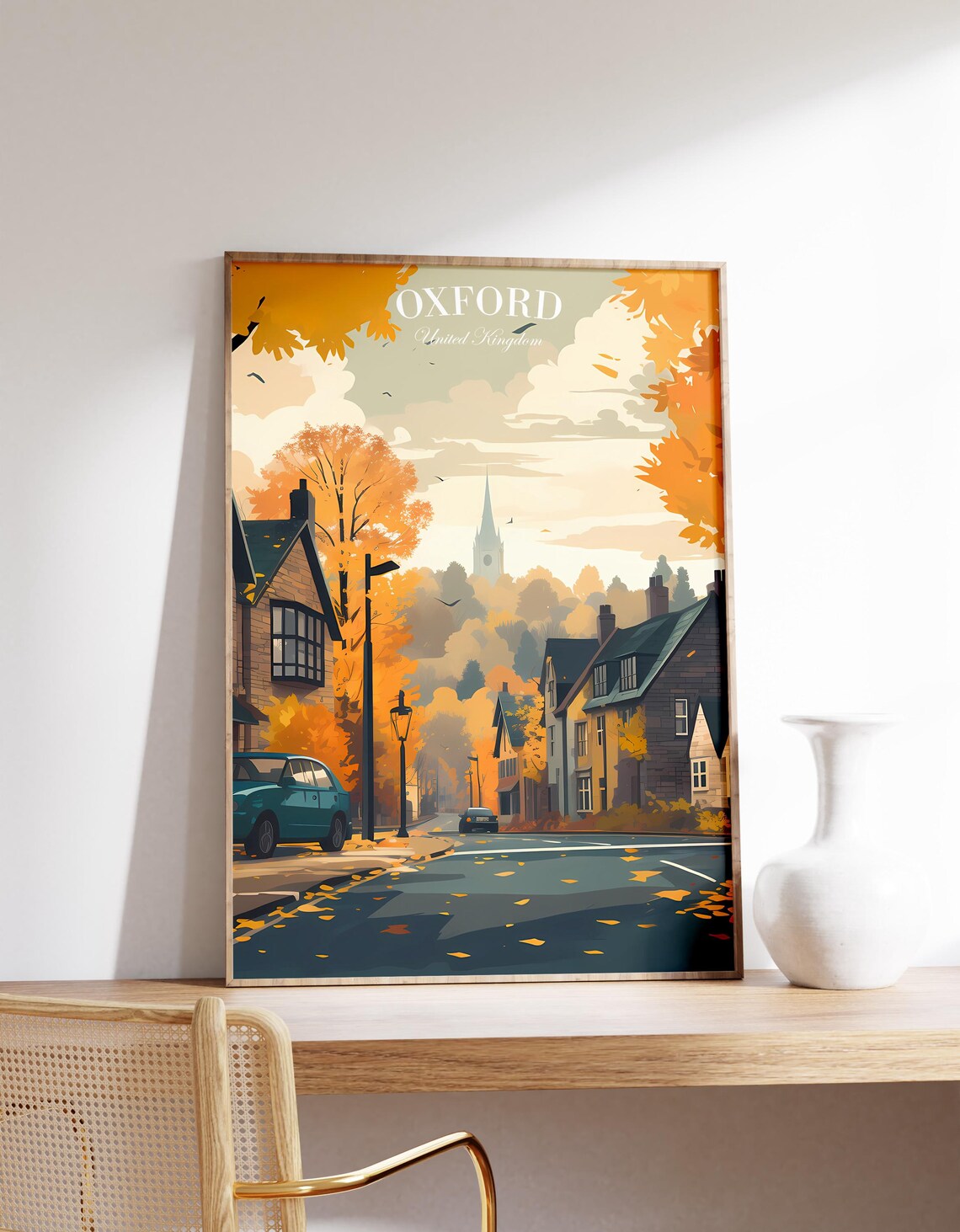 Oxford United Kingdom Autumn Street Old Town Vintage Travel Poster