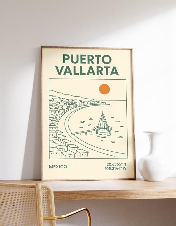 Puerto Vallarta Poster Mexico Wall Art Print Sunset Pier Decor Beach Travel Gift