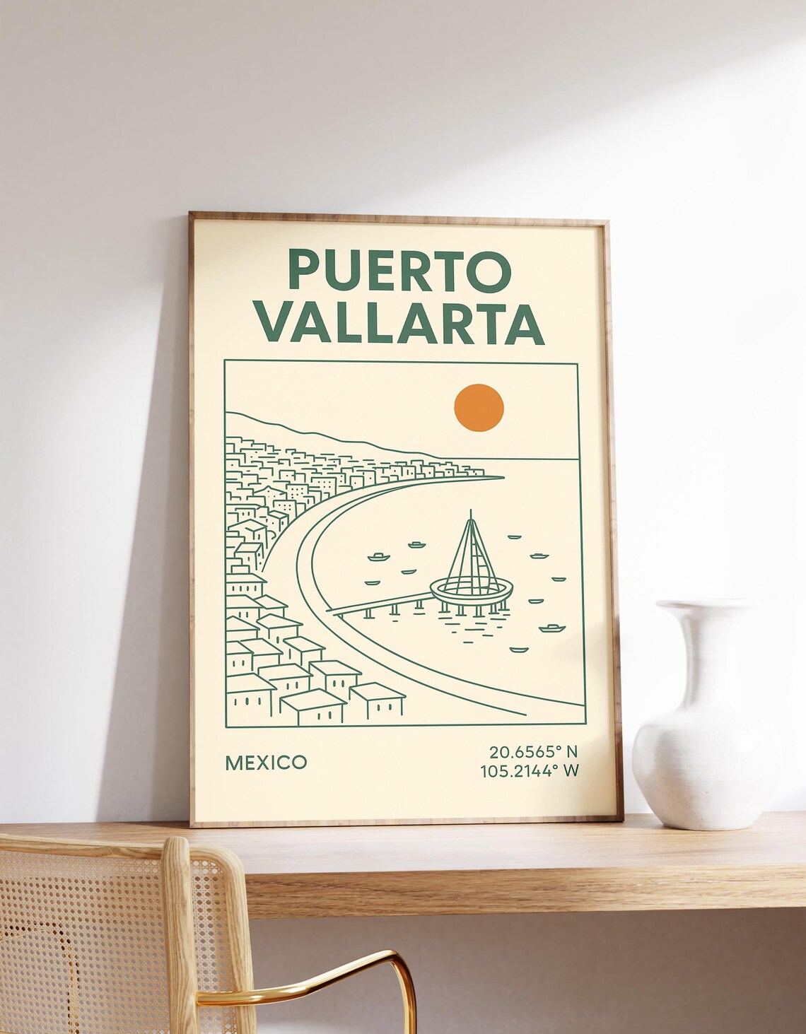 Puerto Vallarta Mexico Bay Minimal Line Art Vintage Travel Poster