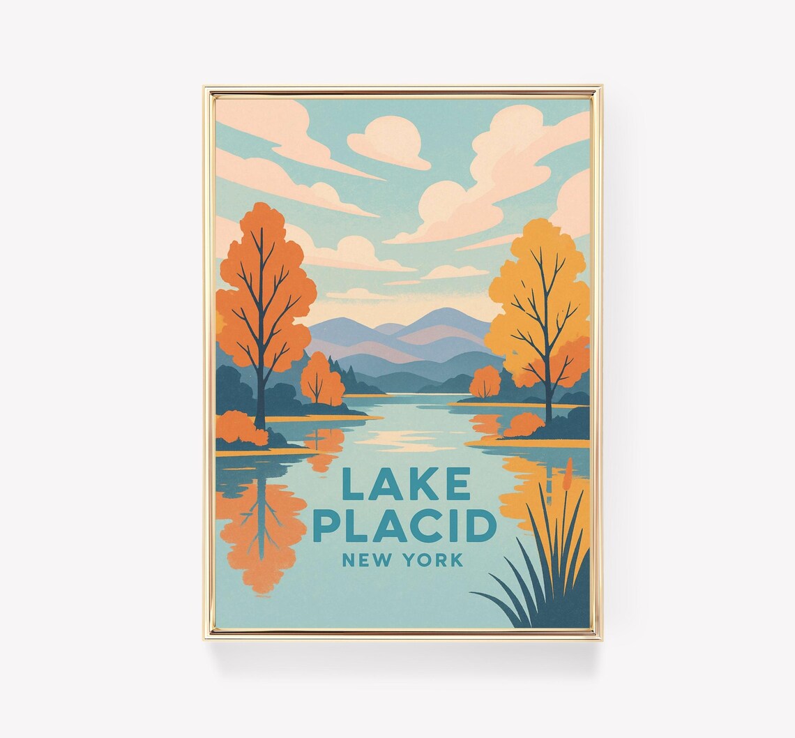 Lake Placid New York Autumn Lakeside Vintage Fall Travel Poster