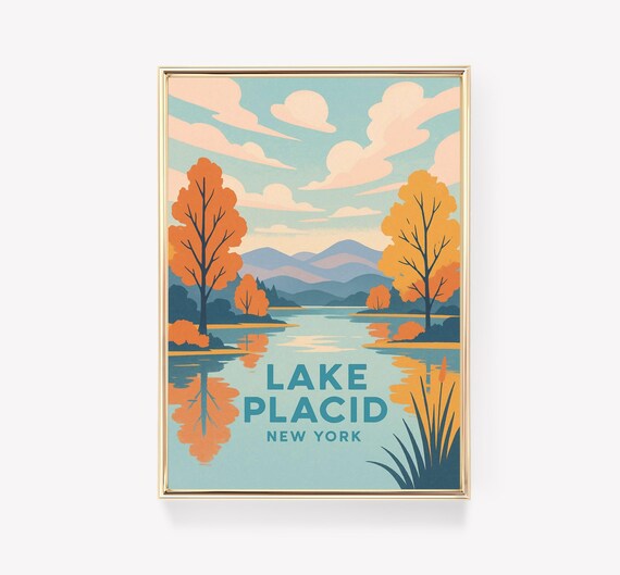 Lake Placid New York Autumn Lakeside Vintage Fall Travel Poster