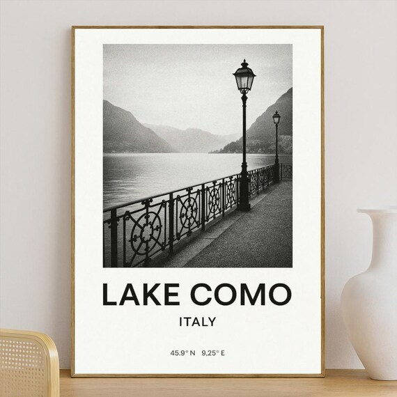 Lake Como Italy Black and White Promenade Photo Travel Poster