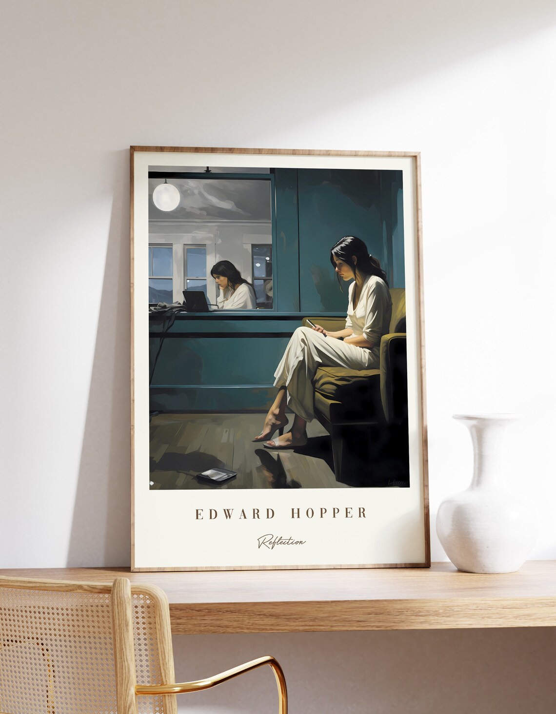Edward Hopper Reflection Woman Phone Mirror Modern Lonely Night Poster