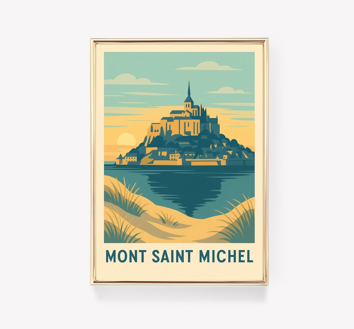 Mont Saint Michel Vintage Travel Poster Normandy Abbey Sunset France