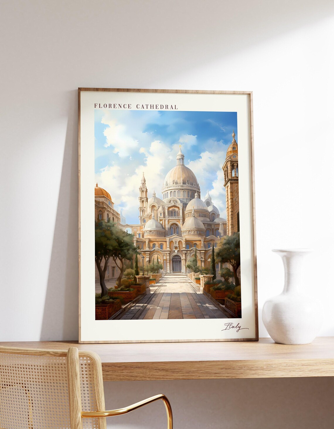 Florence Cathedral Italy Grand Dome Sunny Plaza Art Travel Poster