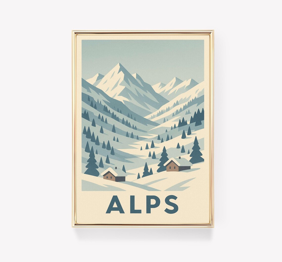 Alps Snowy Mountain Cabins Minimalist Winter Travel Poster Art