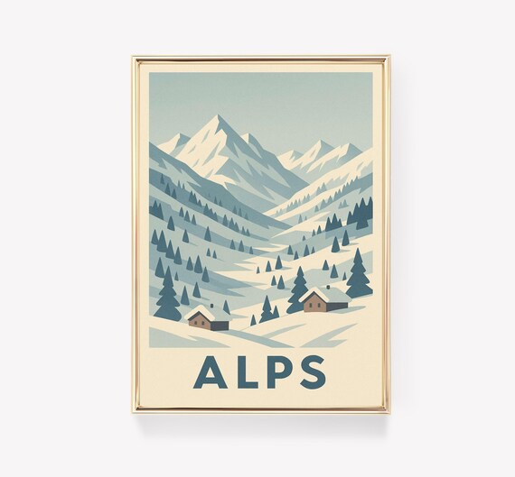 Alps Snowy Mountain Cabins Minimalist Winter Travel Poster Art