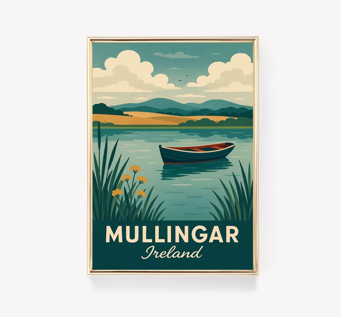 Mullingar Ireland Vintage Travel Scene Lakeside Boat Decor Poster