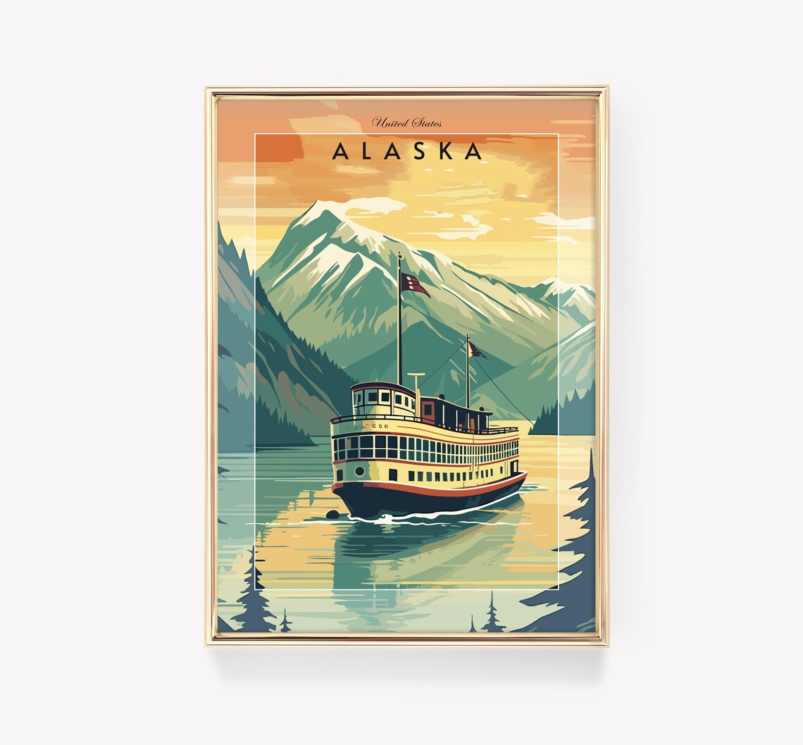 Alaska United States Steamboat Mountain Lake Retro Travel Poster
