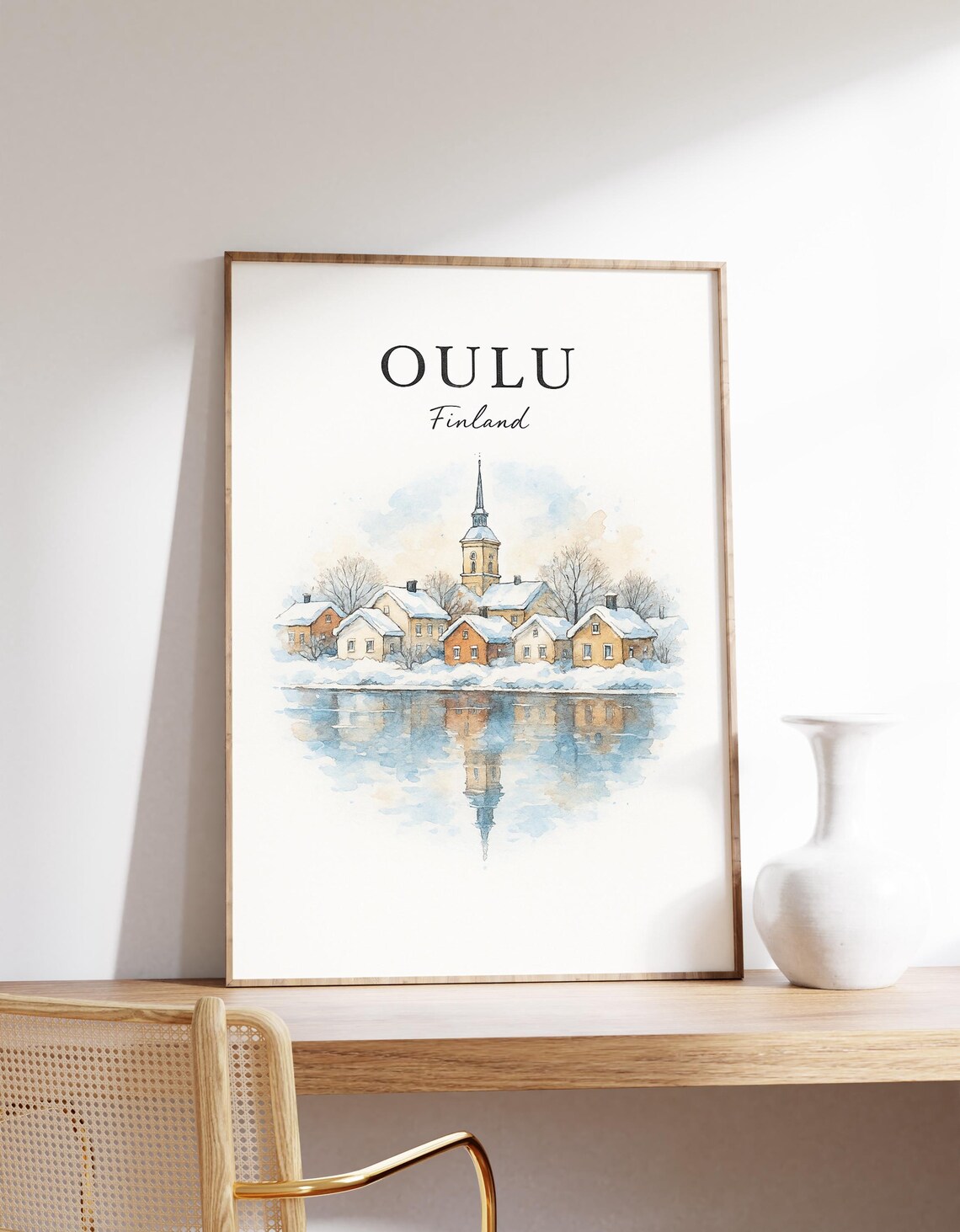 Oulu Finland Winter Old Town Snowy Church Watercolor Travel Poster