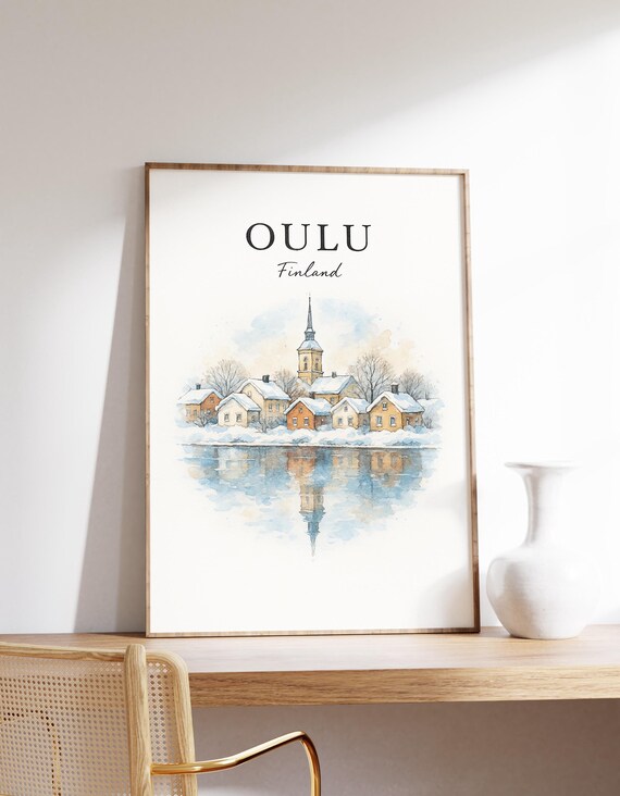 Oulu Finland Winter Old Town Snowy Church Watercolor Travel Poster