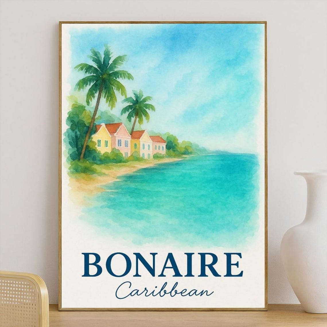 Bonaire Caribbean Watercolor Tropical Beach Travel Poster Decor