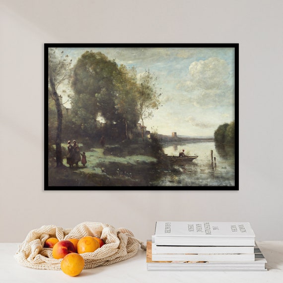 Camille Corot River With A Distant Tower 1865 Landscape Poster Wall Art Print Vintage Field Rustic Cloudy Sky Painting Home Decor