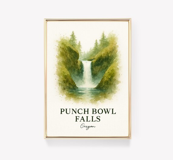 Punch Bowl Falls Oregon Waterfall Watercolor Forest Travel Poster