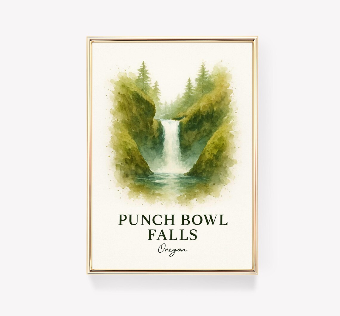 Punch Bowl Falls Oregon Waterfall Watercolor Forest Travel Poster