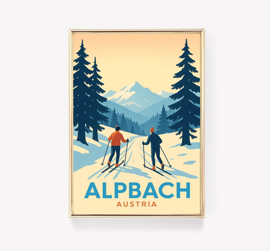 Alpbach Austria Cross Country Skiers Alpine Pines Vintage Travel Poster