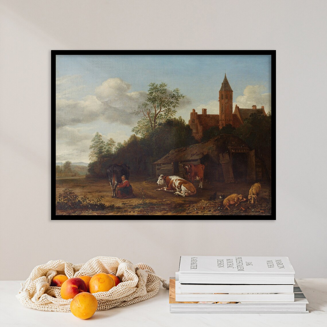 Vintage Barnyard Milkmaid Cows Church Tower Dutch Painting Poster