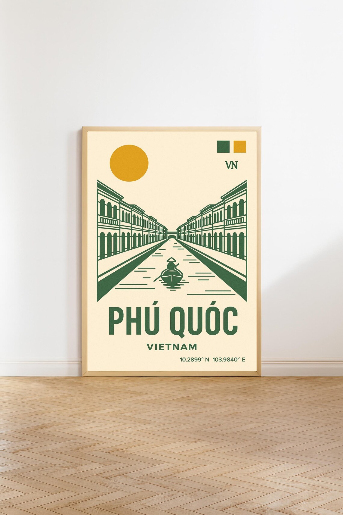 Phu Quoc Vietnam Minimalist Canal Boat Line Art Travel Poster