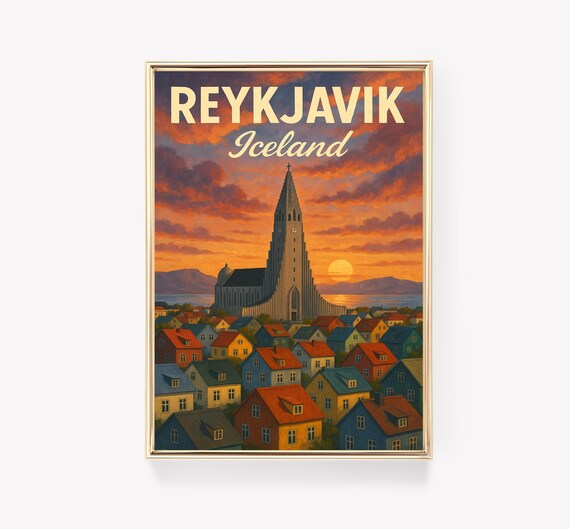 Reykjavik Iceland Hallgrimskirkja Church Sunset Retro Travel Poster