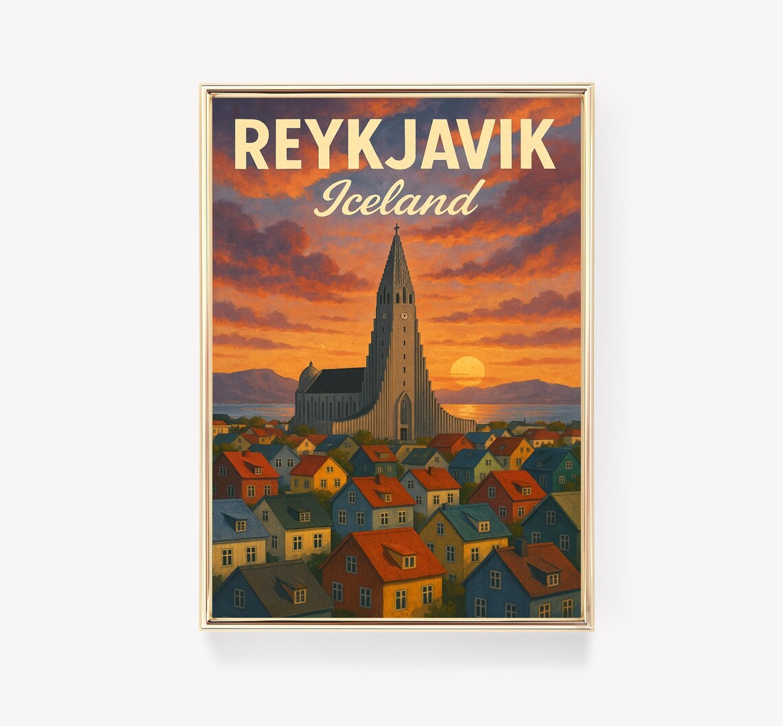 Reykjavik Iceland Hallgrimskirkja Church Sunset Retro Travel Poster