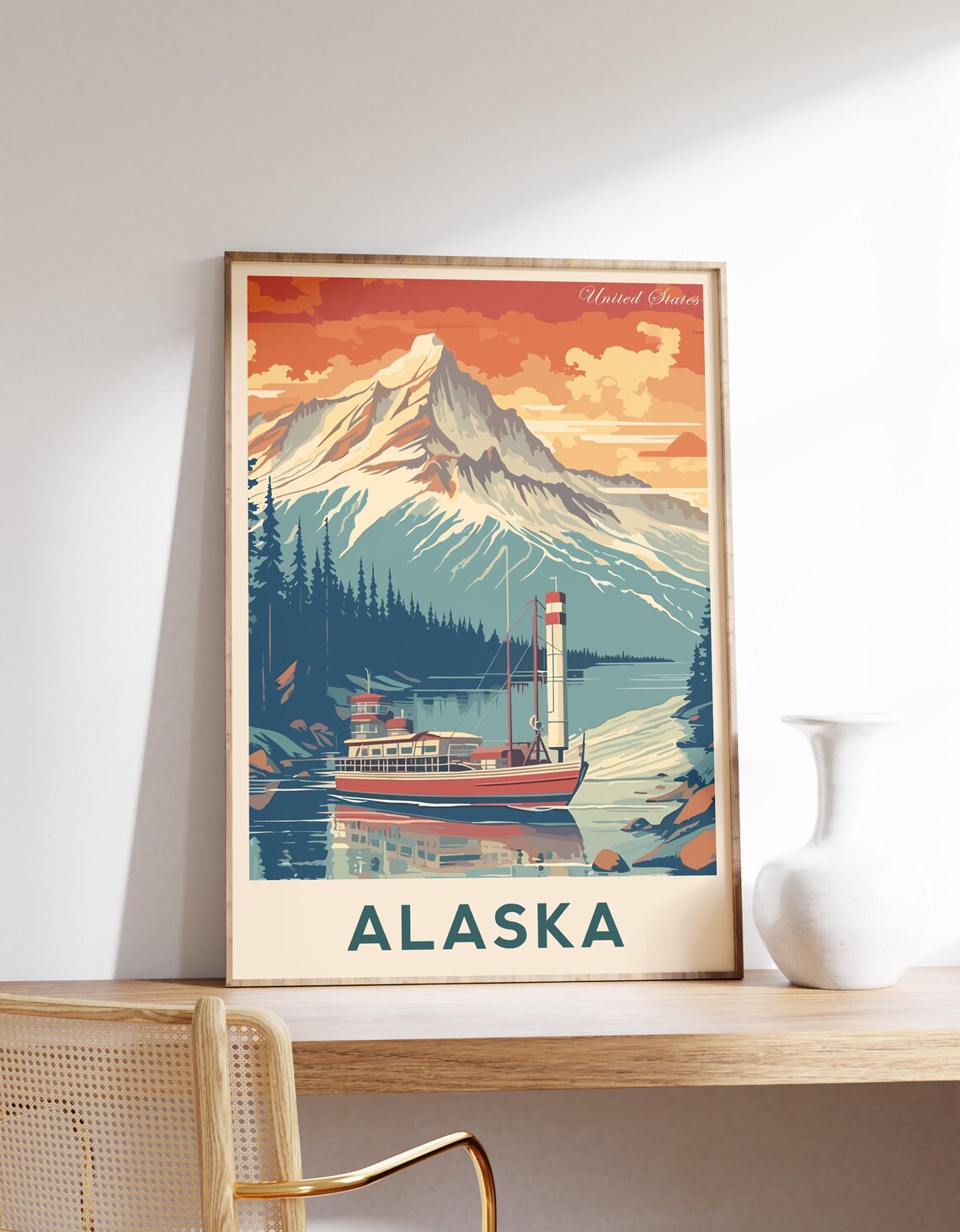 Alaska United States Mountain Lake Ferry Vintage Travel Poster Art