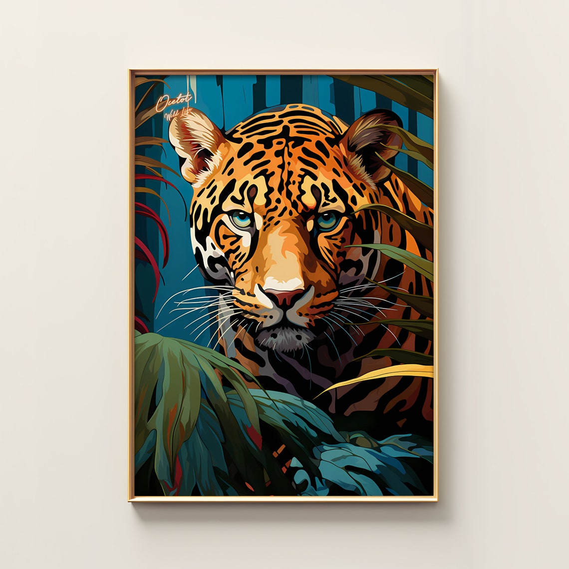 Ocelot Wild Life Colorful Jungle Blue Background Illustration Poster