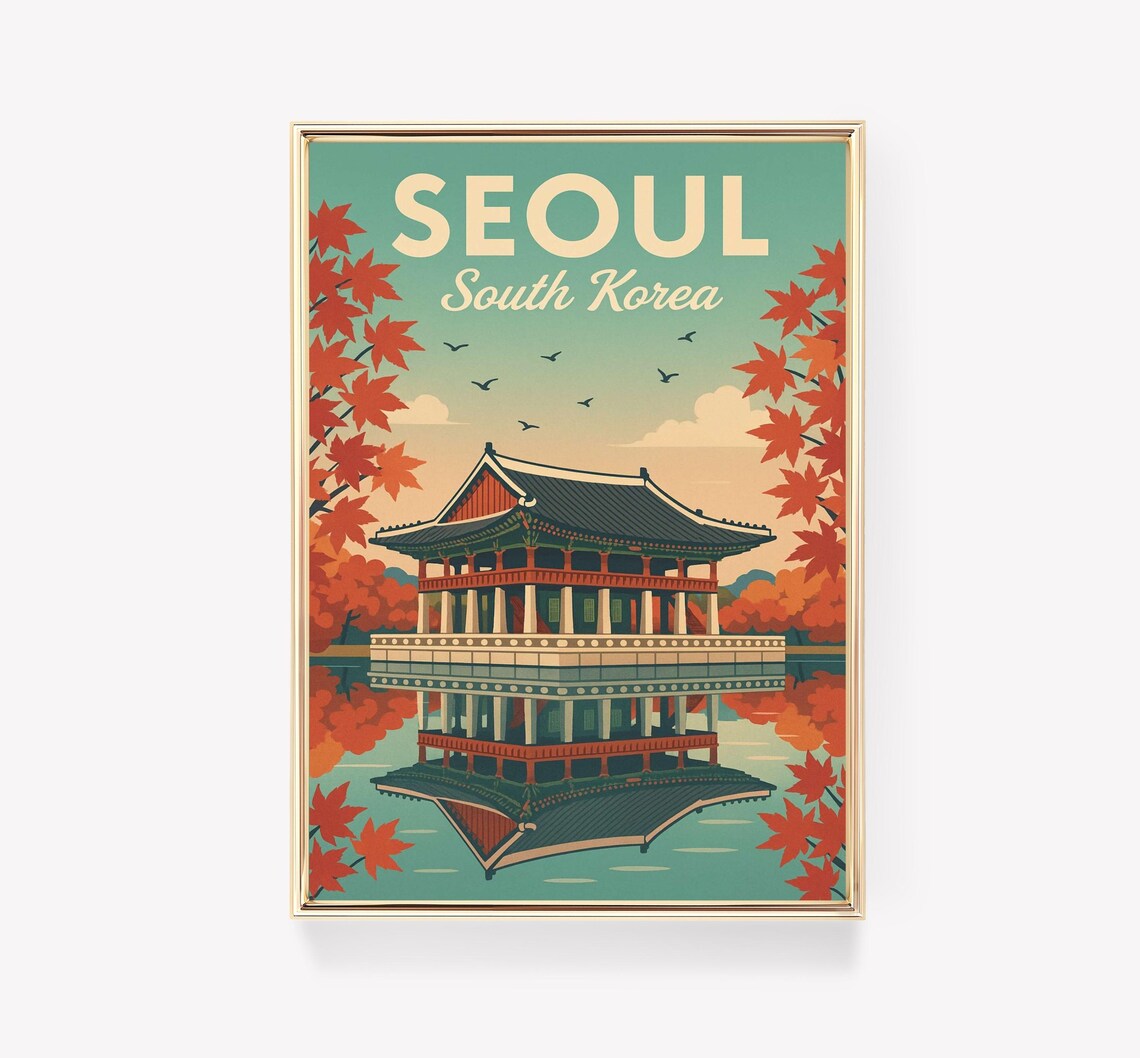 Seoul South Korea Vintage Travel Poster Autumn Pavilion Reflection Art