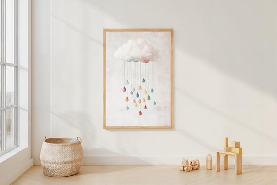 Boho Cloud Nursery Print Cute Rain Wall Art Minimal Kids Room Decor Gender Neutral Artwork Baby Shower Poster