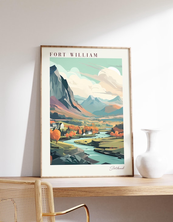 Fort William Scotland Mountain River Valley Sunset Travel Poster