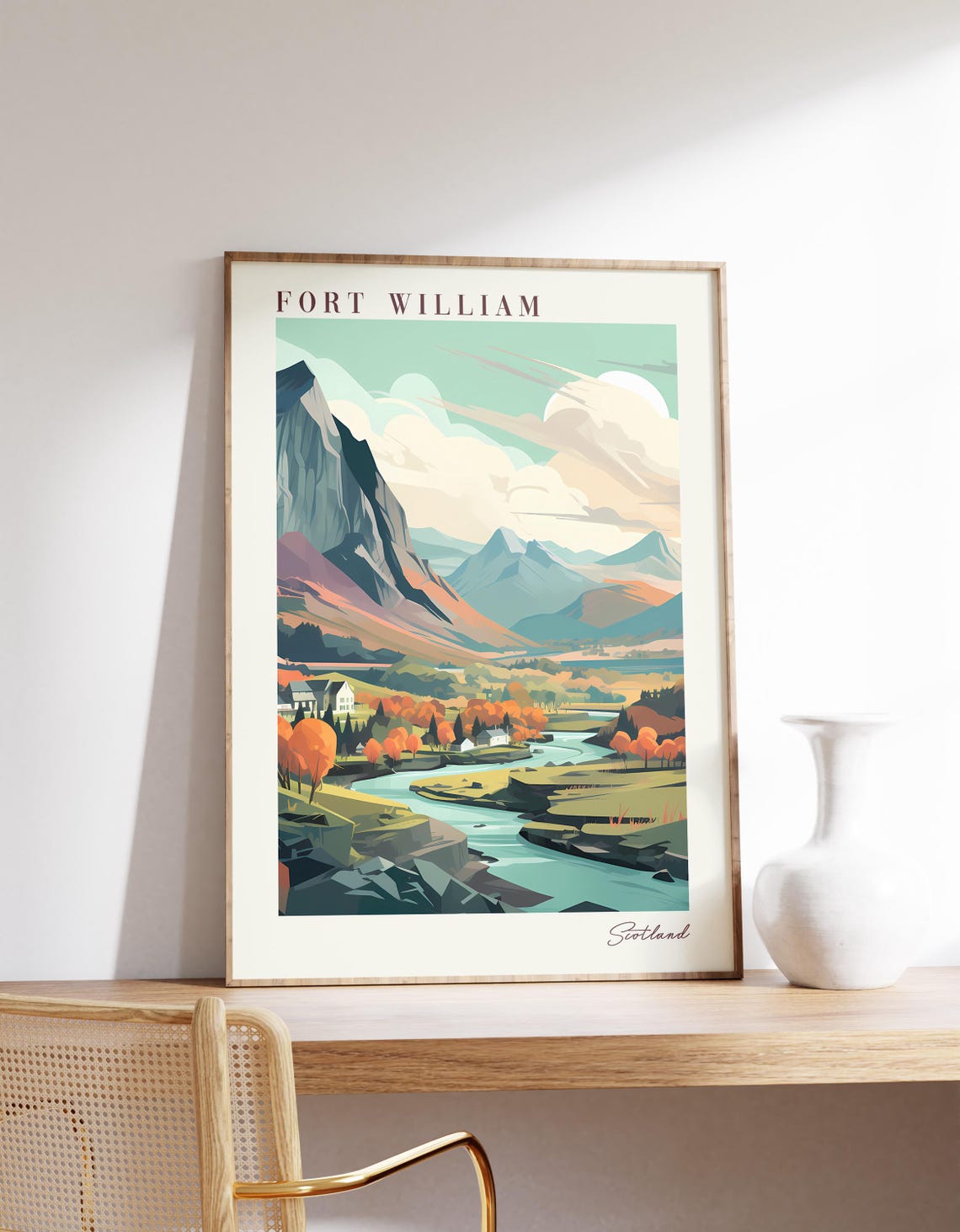 Fort William Scotland Mountain River Valley Sunset Travel Poster