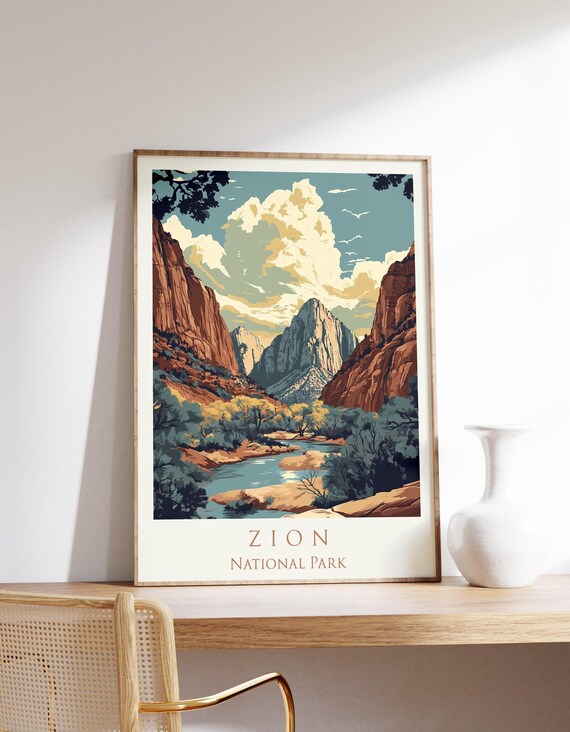 Zion National Park Red Rock Canyon Vintage Travel Landscape Poster