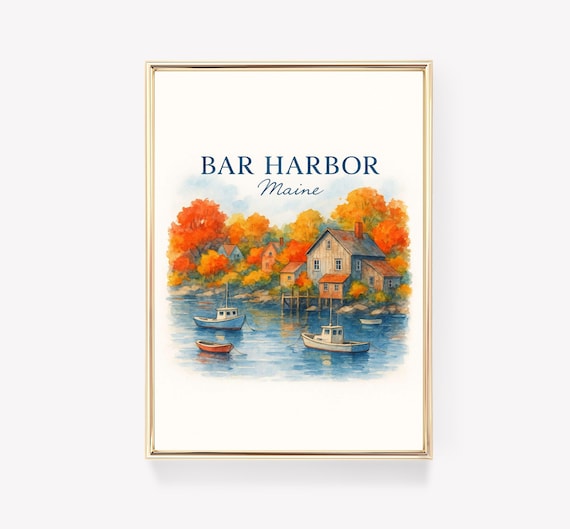 Bar Harbor Maine Autumn Harbor Boats Watercolor Travel Poster