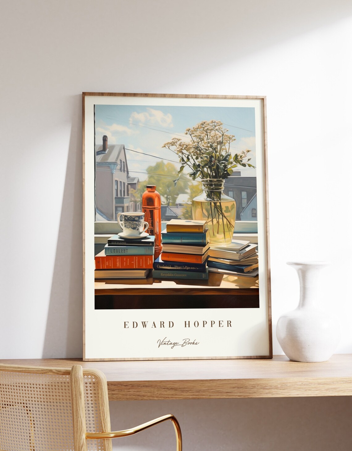 Edward Hopper Vintage Books Teacup Wildflower Window Art Poster