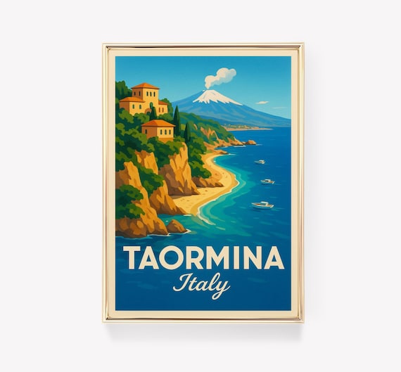 Taormina Italy Vintage Travel Poster Mount Etna Coastal View Art
